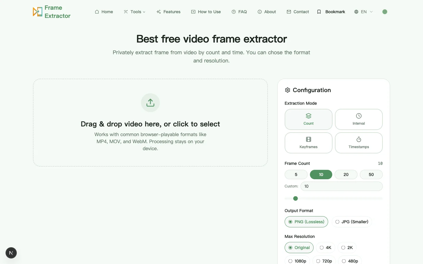 Frame Extractor workspace showing the video drop area and extraction settings